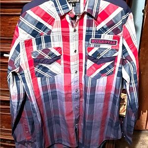 Mens large Wornstar Red,White, and blue long sleeve button down shirt!